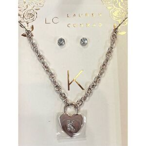 Lauren Conrad “K” Initial Heart & Rhinestone Necklace & Post Earring Set New Dam